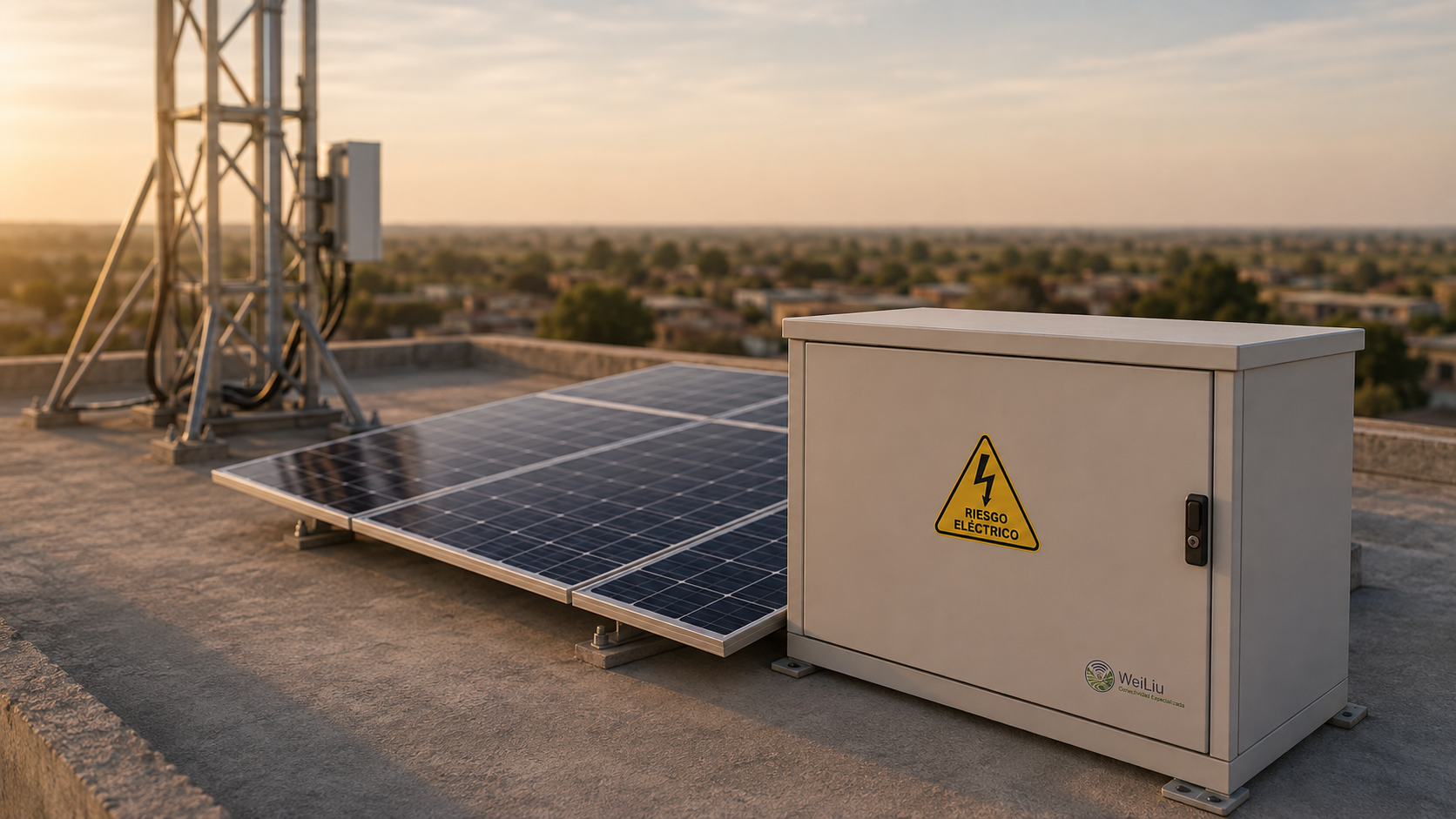 Sistema solar off-grid Wei Liu con paneles y gabinete eléctrico