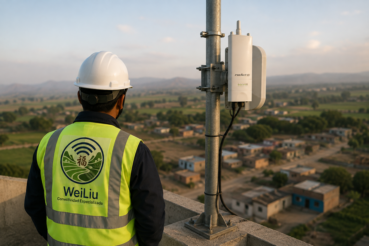 Técnico Wei Liu junto a antena Ubiquiti con comunidad al fondo