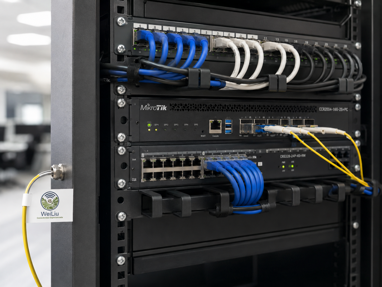 Rack MikroTik con cable de fibra etiquetado Wei Liu