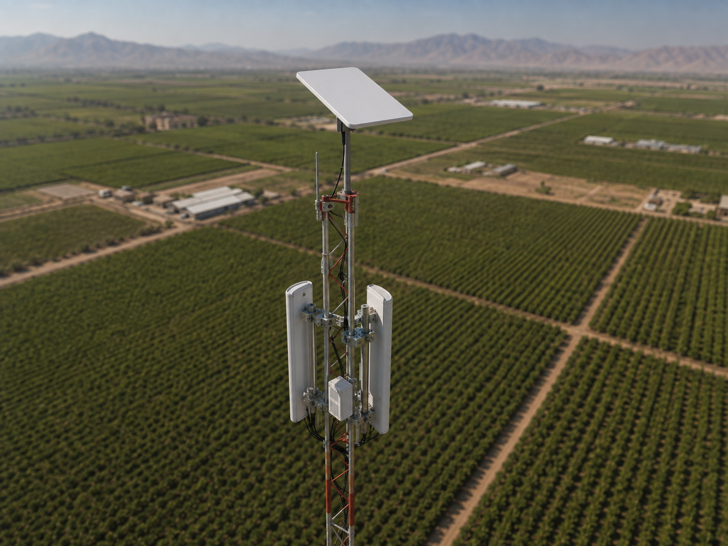 Torre con Starlink y radios sectoriales sobre fundo agrícola